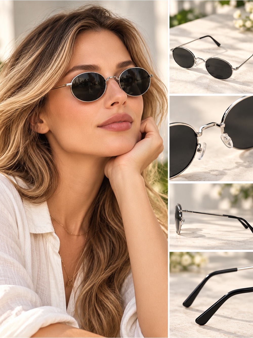 Vintage Oval Sunglasses Silver Metal Frame & Black Lenses